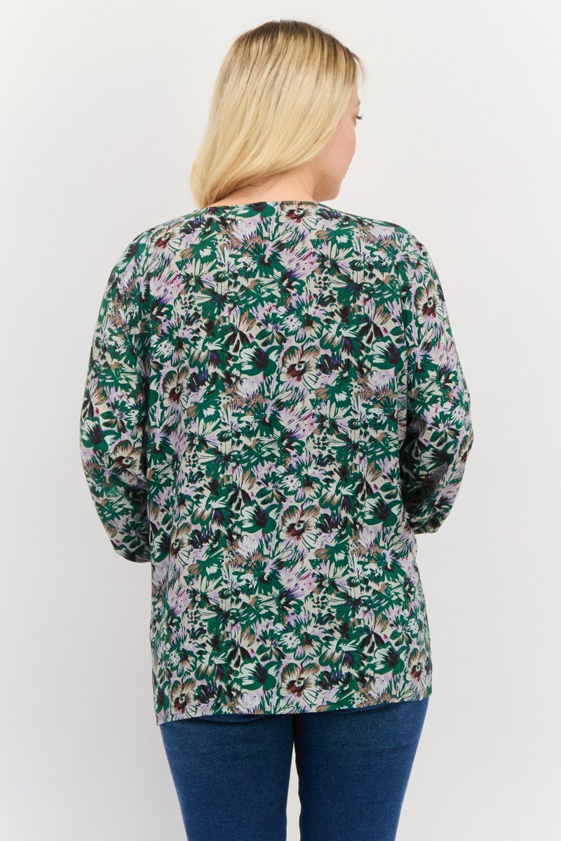 Fire & Glory Women  V-Neck Long Sleeves Floral Print Blouse, Green Combo - Image 3